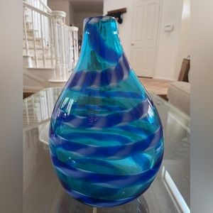 Crate & Barrel Aqua striped glass vase.